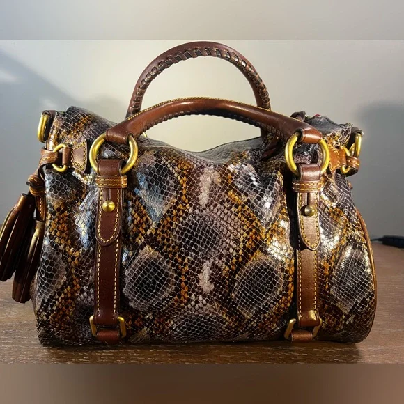 Dooney & Bourke Brown, Gold and Gray Exotic Python Satchel - Picture 4 of 13